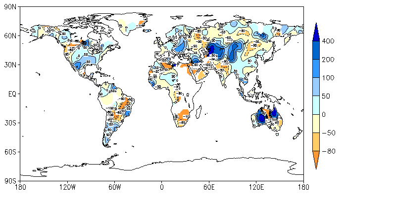 2005年8月全球降水距平百分率(%)